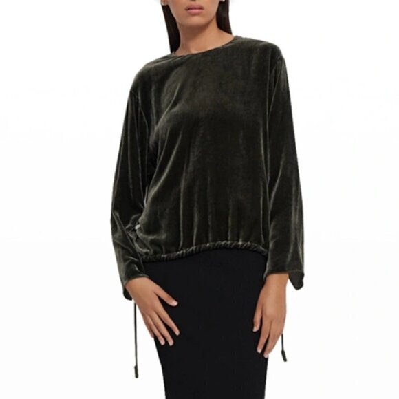 Theory Drawstring Velvet Pullover Long-Sleeve Top Hunter Green